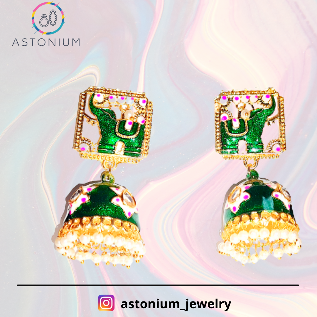 Meenakari elephant golden jhumka: Green