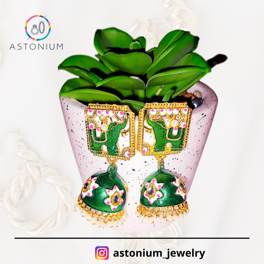 Meenakari elephant golden jhumka: Green