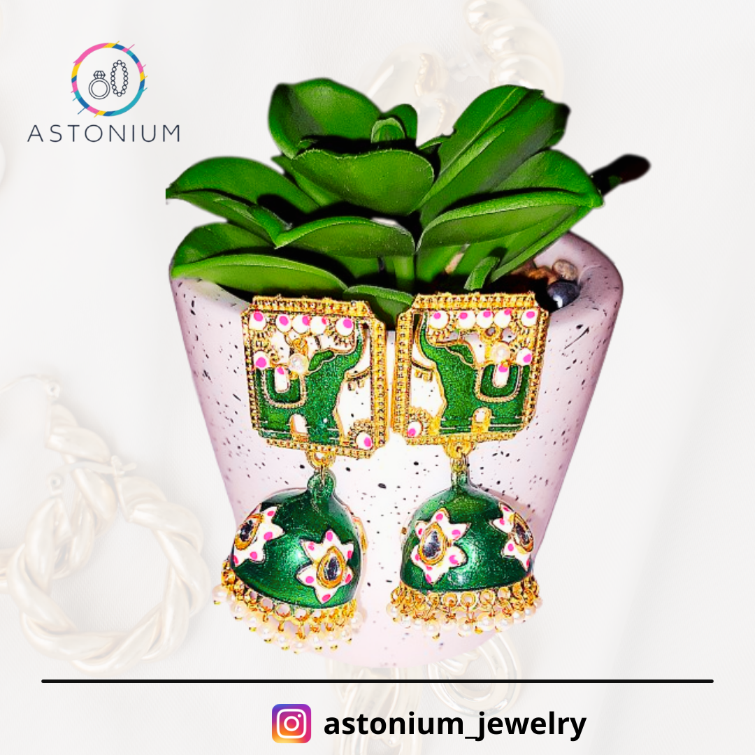 Meenakari elephant golden jhumka: Green