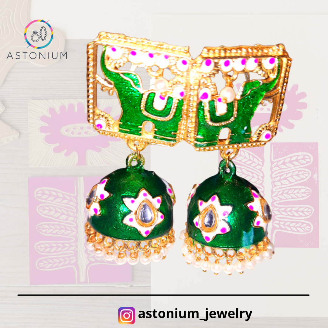 Meenakari elephant golden jhumka: Green