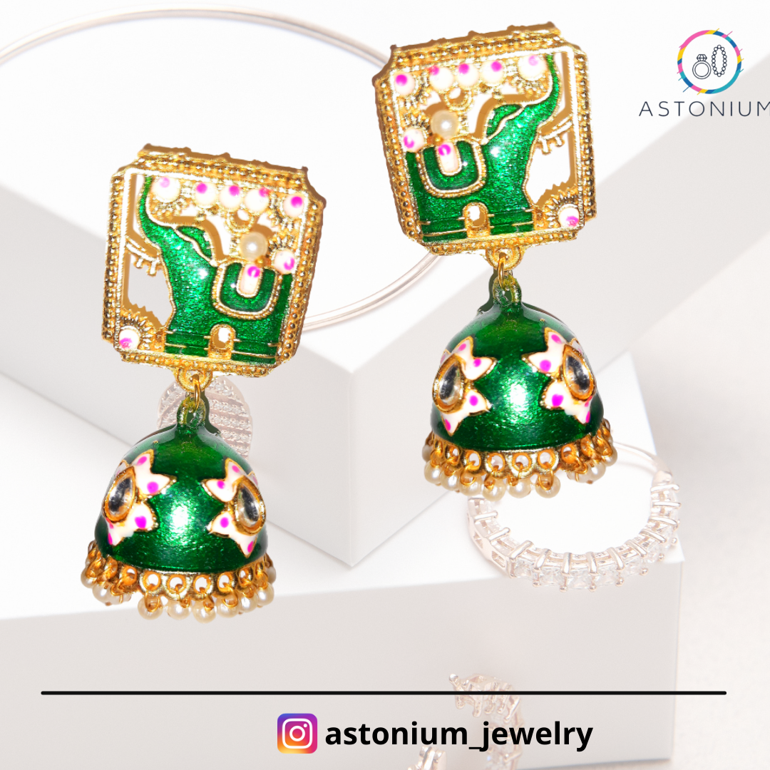 Meenakari elephant golden jhumka: Green