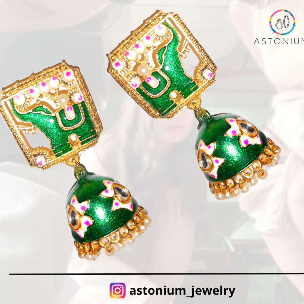 Meenakari elephant golden jhumka: Green