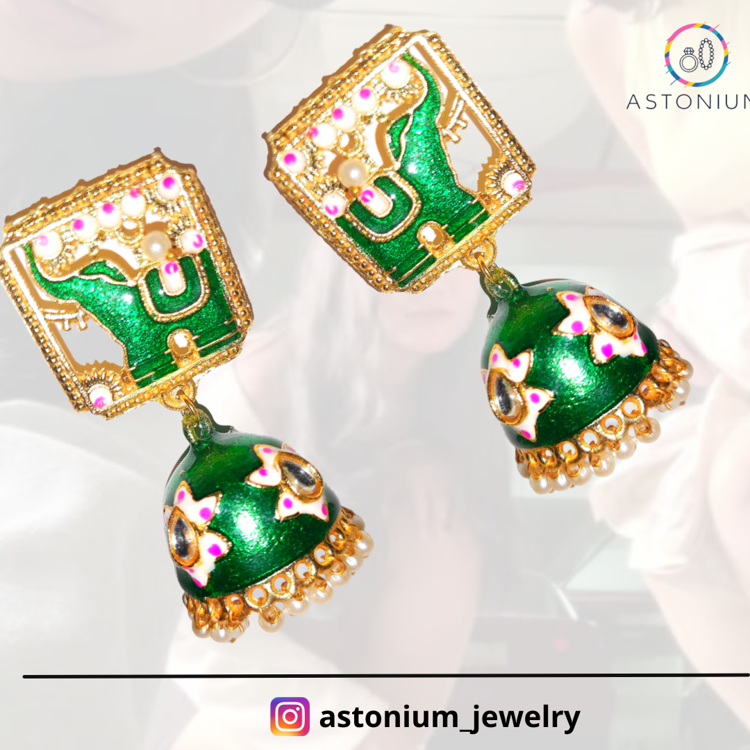 Meenakari elephant golden jhumka: Green