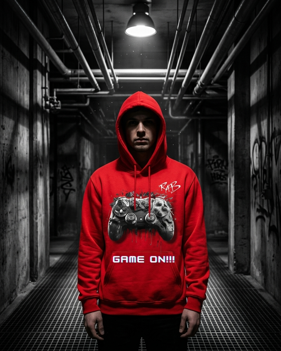 Red game on hoodie with Black bleeding controller