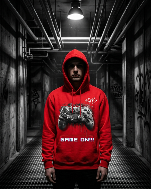 Red game on hoodie with Black bleeding controller