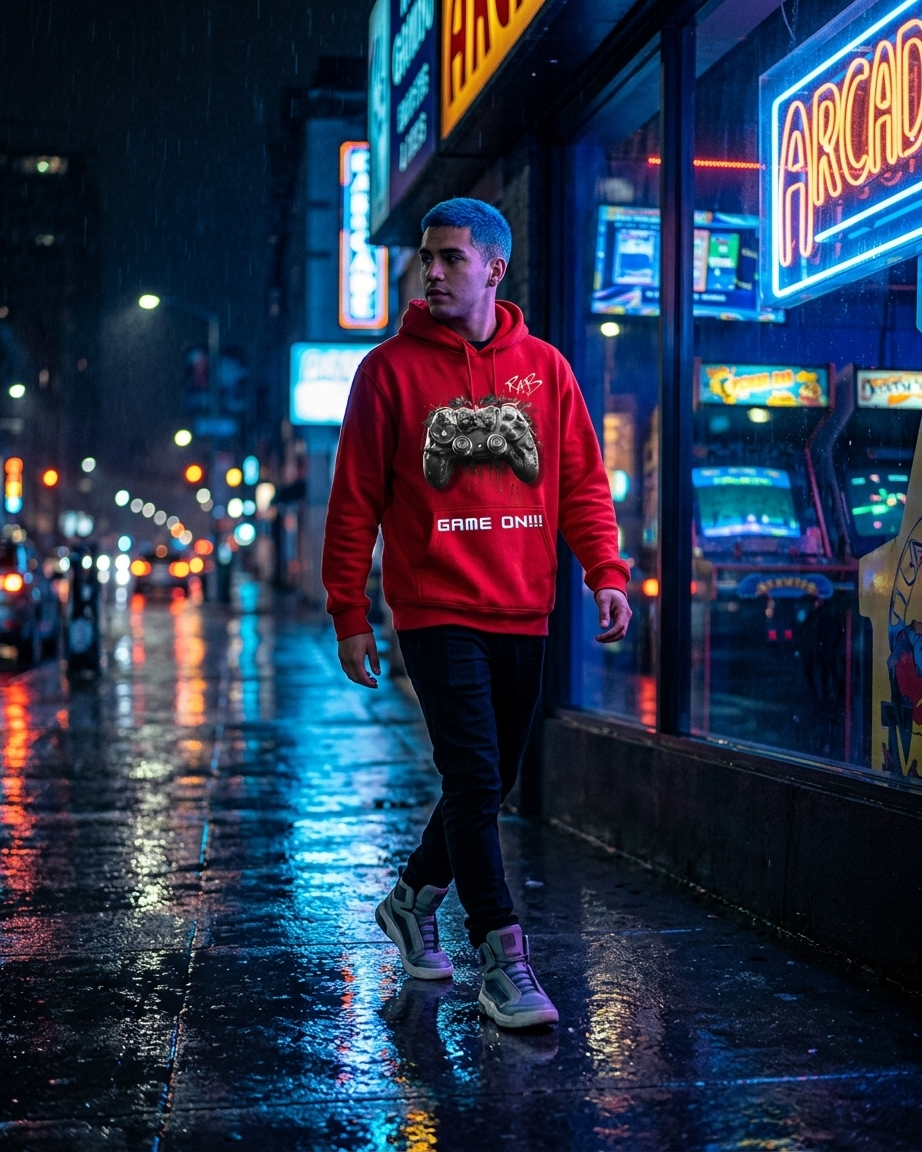 Red game on hoodie with Black bleeding controller