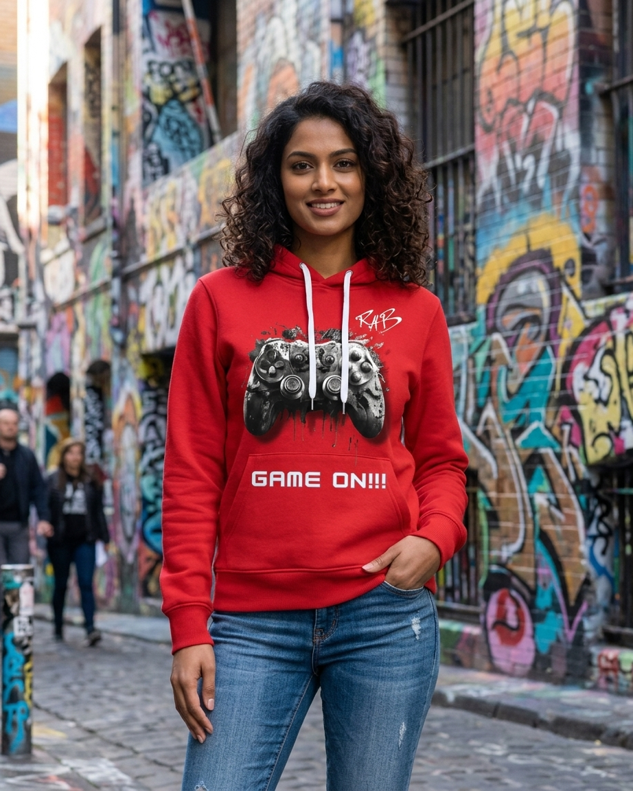 Red game on hoodie with Black bleeding controller