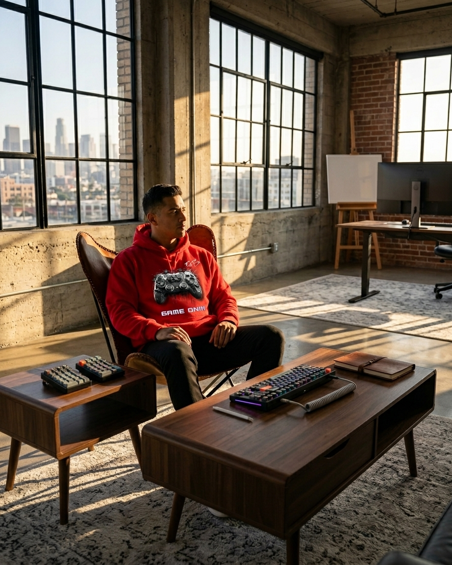 Red game on hoodie with Black bleeding controller