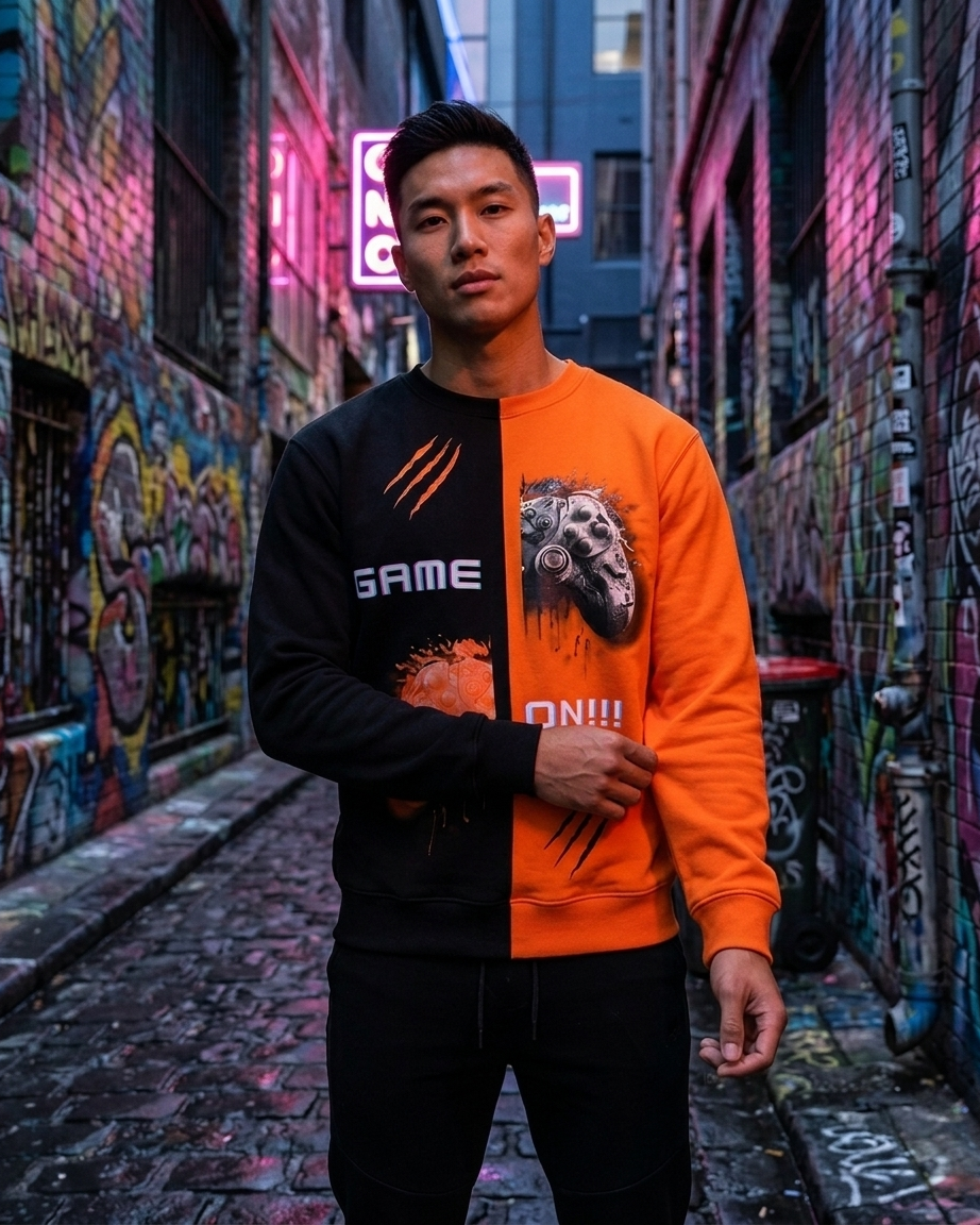 Orange and Black split game on sweatshirt
