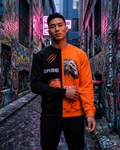Orange and Black split game on sweatshirt