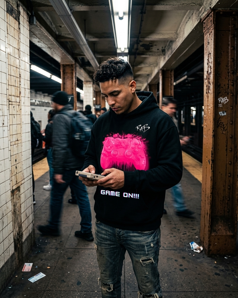 Black game on hoodie with Pink bleeding controller