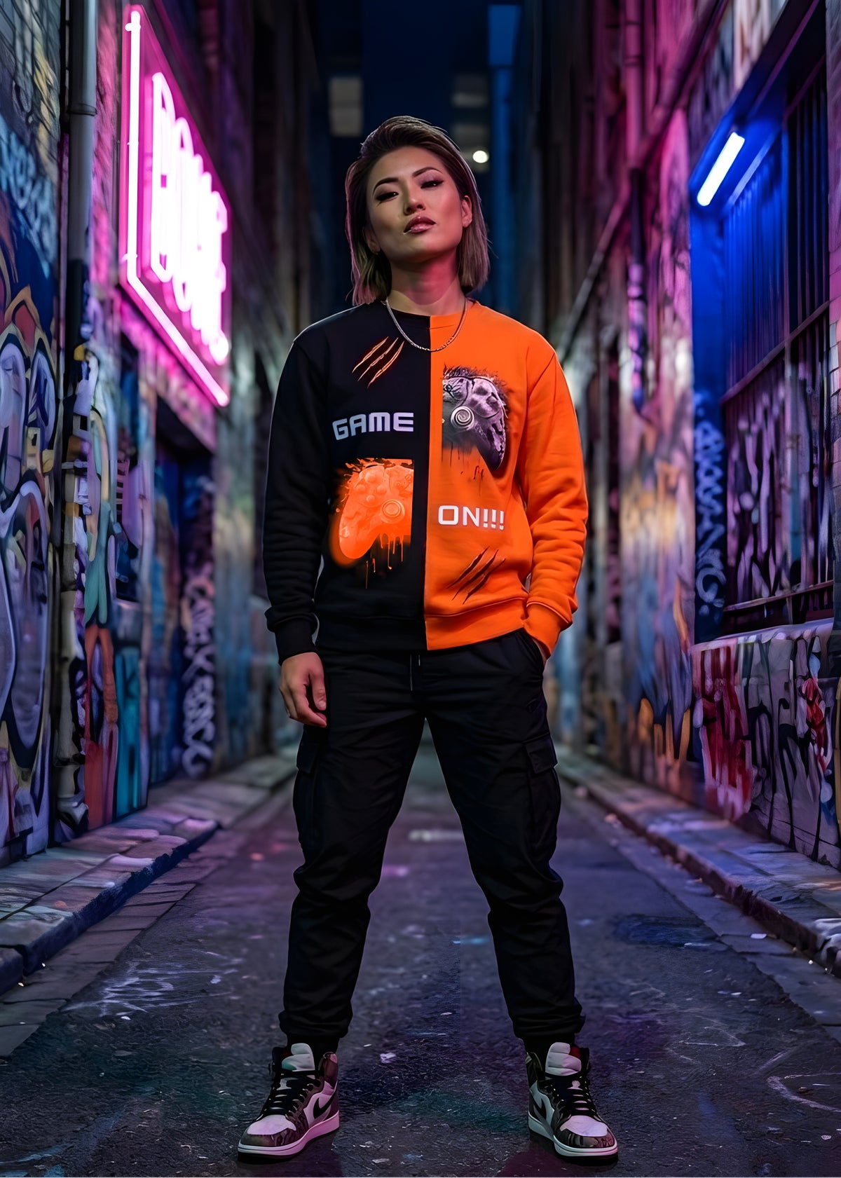 Orange and Black split game on sweatshirt