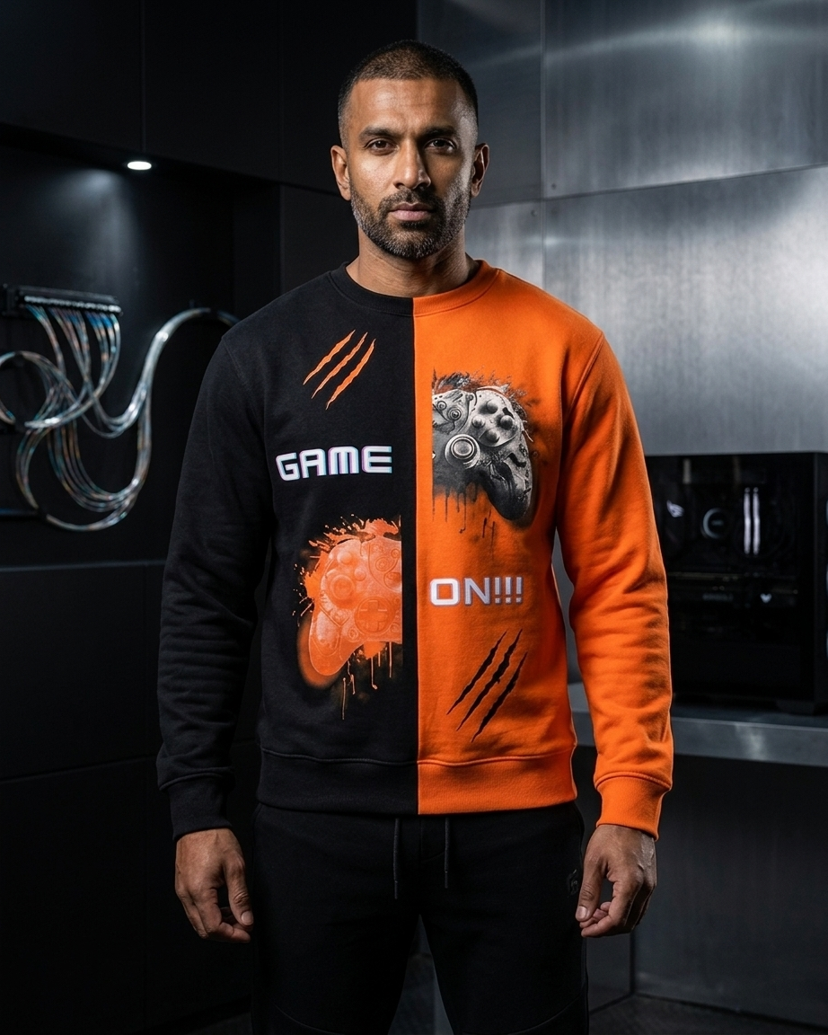 Orange and Black split game on sweatshirt
