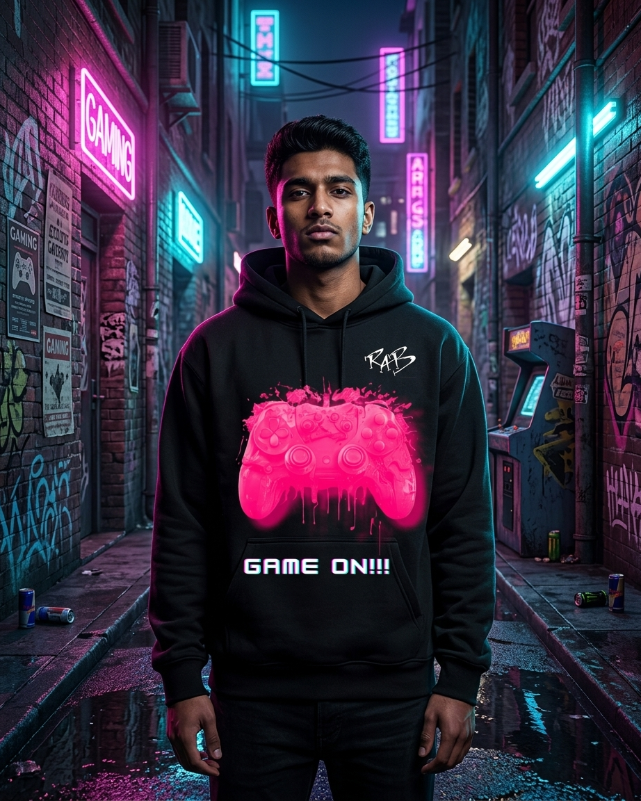 Black game on hoodie with Pink bleeding controller