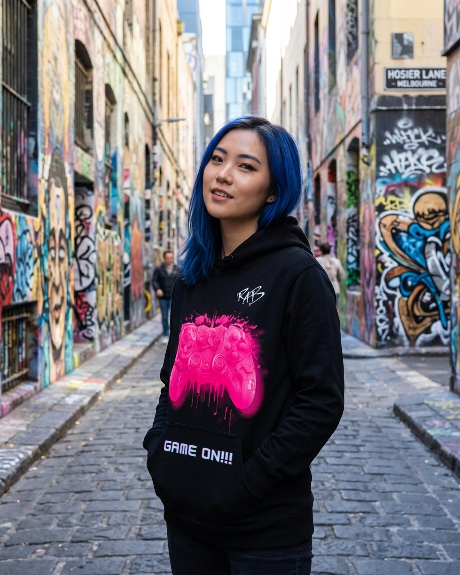 Black game on hoodie with Pink bleeding controller