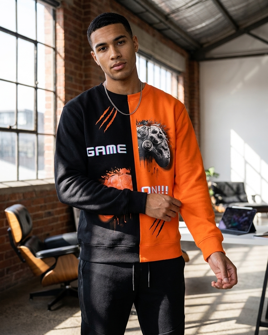 Orange and Black split game on sweatshirt