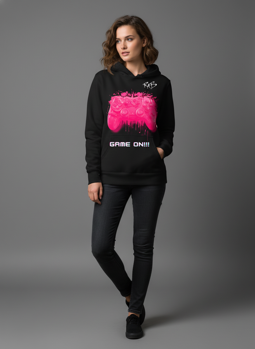 Black game on hoodie with Pink bleeding controller