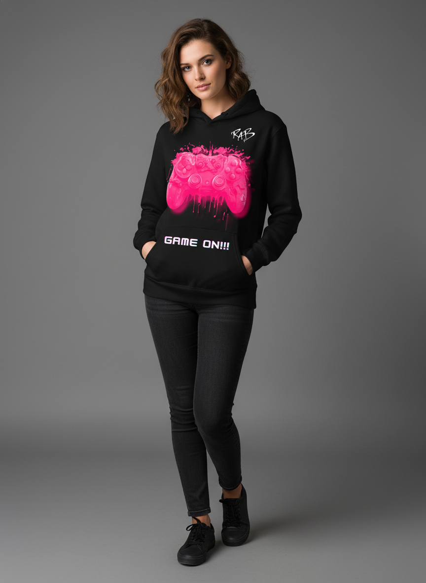 Black game on hoodie with Pink bleeding controller