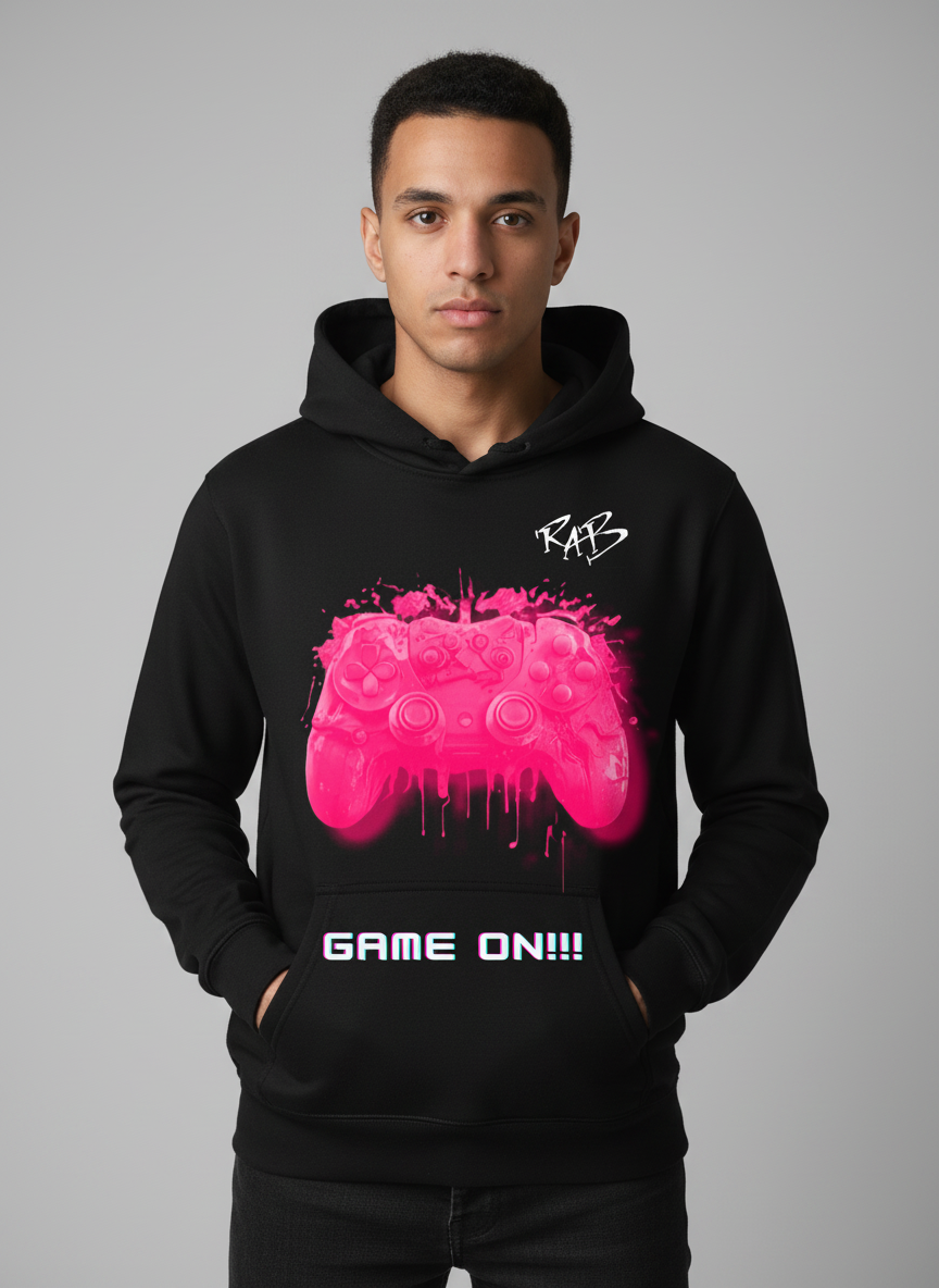 Black game on hoodie with Pink bleeding controller