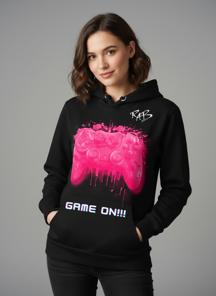 Black game on hoodie with Pink bleeding controller
