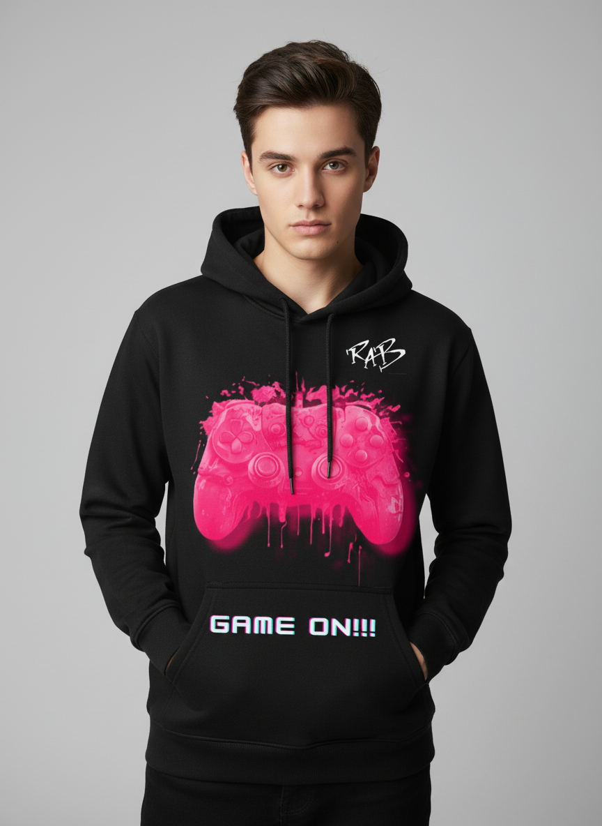 Black game on hoodie with Pink bleeding controller