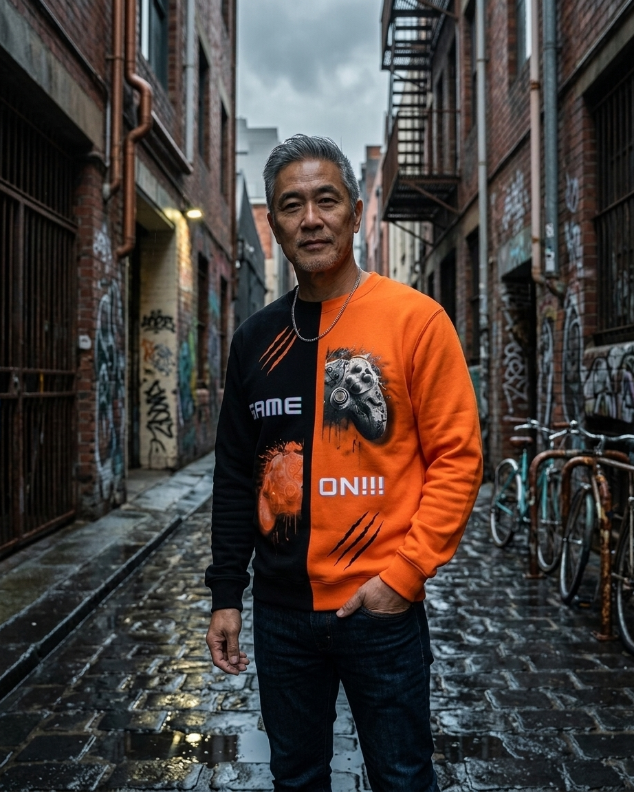 Orange and Black split game on sweatshirt